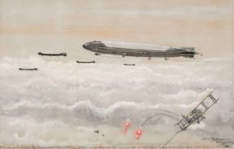 Byford (Lieutenant N.) Intercepting an airship squadron, watercolour