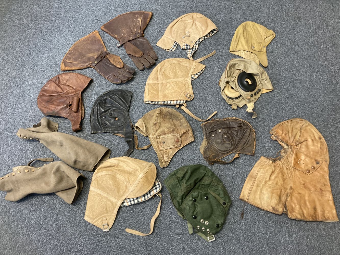 Flying Helmets. WWI Royal Flying Corps cowl flying helmet, circa 1915 and other helmets