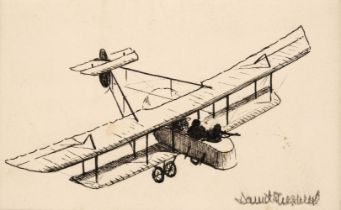 Shepherd (David, 1931-2017). Henri Farman biplane with observer firing, pen and ink