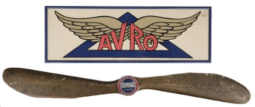Avro Motor Club. A propeller-mounted car badge and framed logo, circa 1930s-40s