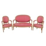 A LOUIS XVI STYLE GILTWOOD THREE PIECE SUITE