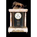 A 19TH CENTURY FRENCH FOUR GLASS AND VARIEGATED MARBLE MANTLE CLOCK