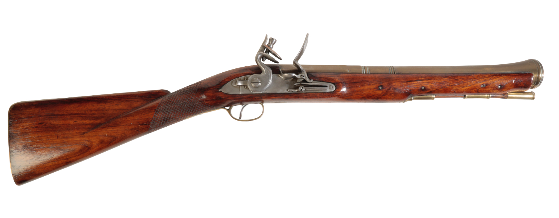 A FLINTLOCK BRASS BARREL BLUNDERBUSS