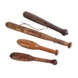 FOUR VARIOUS ANTIQUE WOODEN FISHING PRIESTS