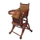 AN EDWARDIAN MAHOGANY CHILD'S HIGH CHAIR