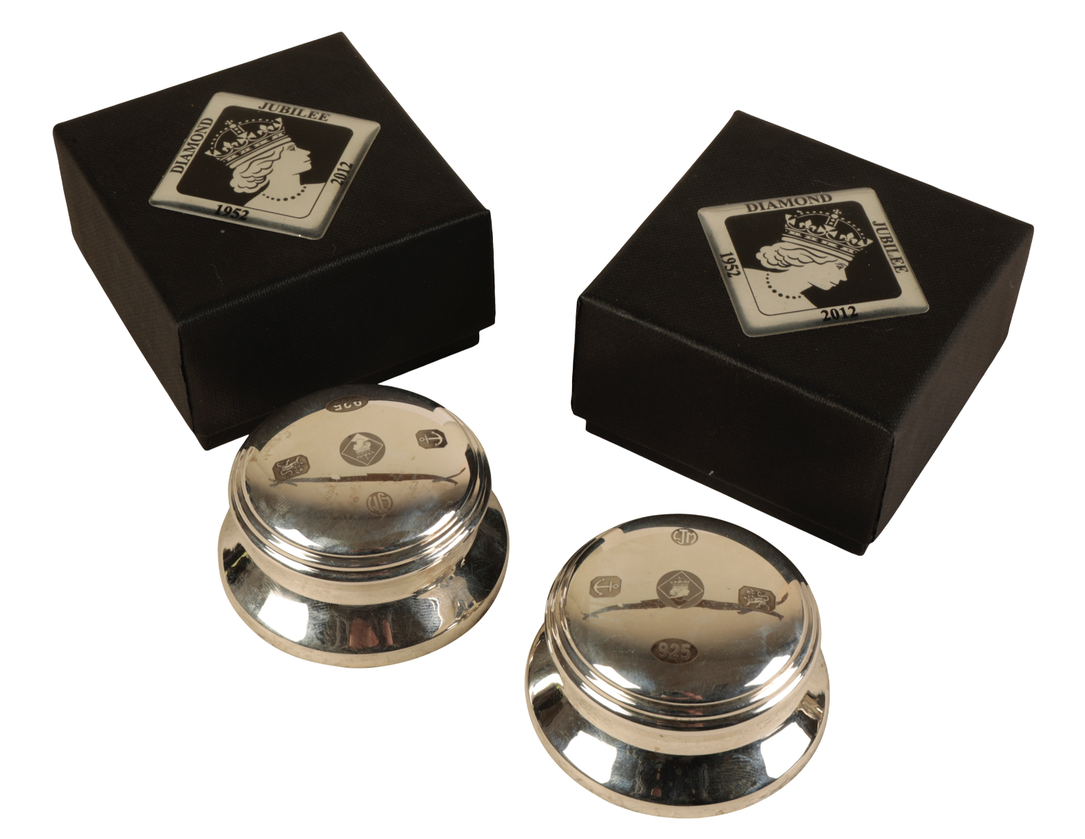 A PAIR OF ELIZABETH II DIAMOND JUBILEE SILVER PAPERWEIGHTS