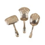 THREE GEORGE III SILVER FIDDLE PATTERN CADDY SPOONS