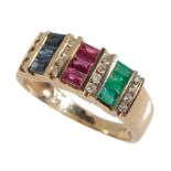 A SAPPHIRE, RUBY, EMERALD AND DIAMOND DRESS RING