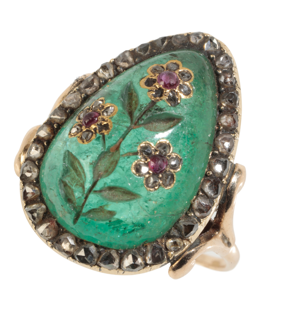 A 19TH CENTURY INDIAN EMERALD, DIAMOND AND RUBY RING