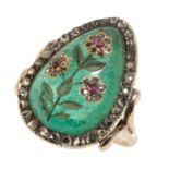 A 19TH CENTURY INDIAN EMERALD, DIAMOND AND RUBY RING