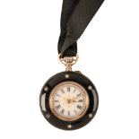 A LADY'S ENAMEL AND DIAMANTE FOB WATCH