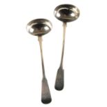 A PAIR OF GEORGE III SCOTTISH PROVINCIAL SILVER FIDDLE PATTERN TODDY LADLES