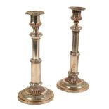 A PAIR OF 19TH CENTURY SHEFFIELD PLATE TELESCOPIC PILLAR CANDLESTICKS