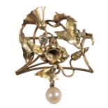 A DIAMOND AND CULTURED PEARL BROOCH