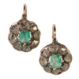 A PAIR OF 19TH CENTURY EMERALD AND DIAMOND CLUSTER EARRINGS