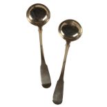 A PAIR OF GEORGE III SCOTTISH PROVINCIAL SILVER FIDDLE PATTERN SAUCE LADLES