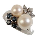 A CULTURED PEARL, SAPPHIRE AND DIAMOND DRESS RING