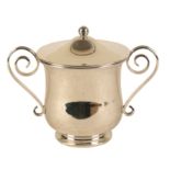 A GEORGE V SILVER TWO HANDLED LIDDED CUP
