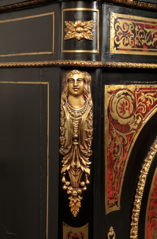 A PAIR OF VICTORIAN EBONISED, BOULLE WORK AND MARBLE TOPPED SIDE CABINETS - Image 4 of 5