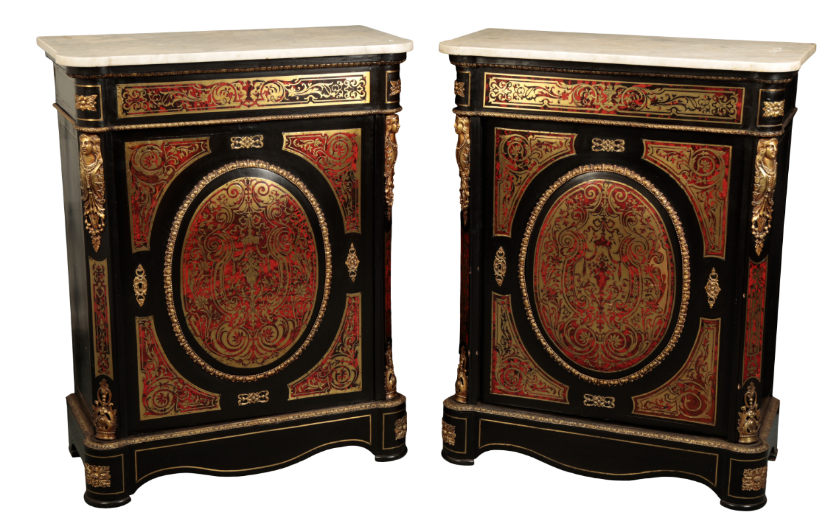 A PAIR OF VICTORIAN EBONISED, BOULLE WORK AND MARBLE TOPPED SIDE CABINETS