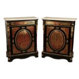 A PAIR OF VICTORIAN EBONISED, BOULLE WORK AND MARBLE TOPPED SIDE CABINETS