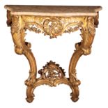 A LOUIS XV STYLE GILTWOOD AND MARBLE TOPPED CONSOLE TABLE
