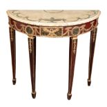 A MAHOGANY AND MARBLE TOPPED DEMI-LUNE SIDE TABLE IN NEOCLASSICAL TASTE