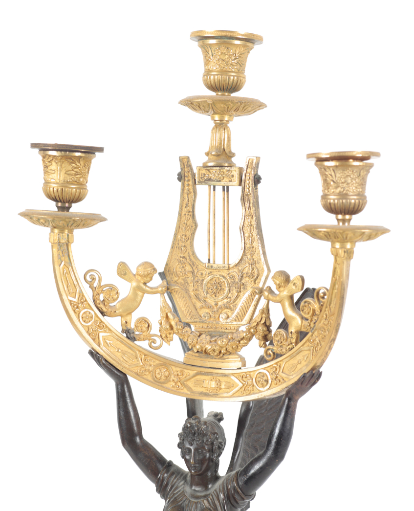 A PAIR OF FRENCH ORMOLU AND PATINATED BRONZE CANDELABRA IN THE MANNER OF PIERRE-PHILIPPE THOMIRE (17 - Image 4 of 7