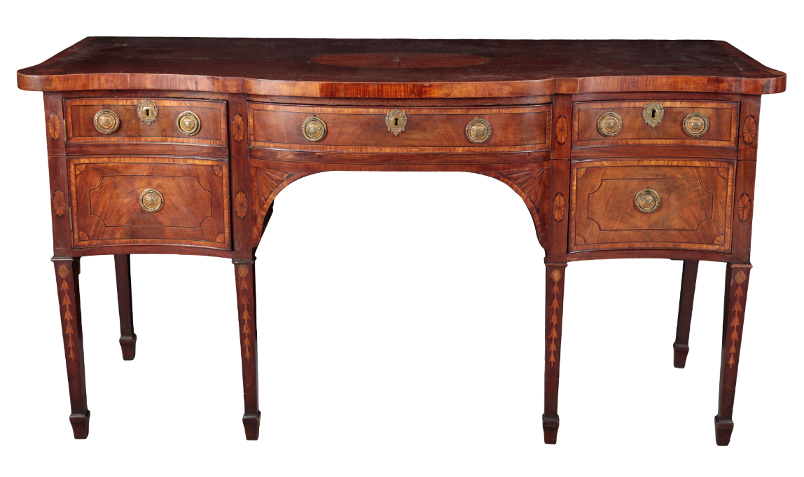 A GEORGE III MAHOGANY AND SATINWOOD INLAID SIDEBOARD IN THE MANNER OF THOMAS SHERATON