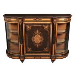 A LOUIS XVI STYLE EBONISED, SATINWOOD INLAID AND GILT METAL MOUNTED CREDENZA