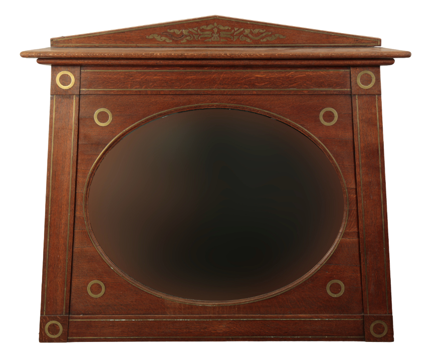 AN OAK AND BRASS INLAID MIRROR IN THE MANNER OF GEORGE BULLOCK