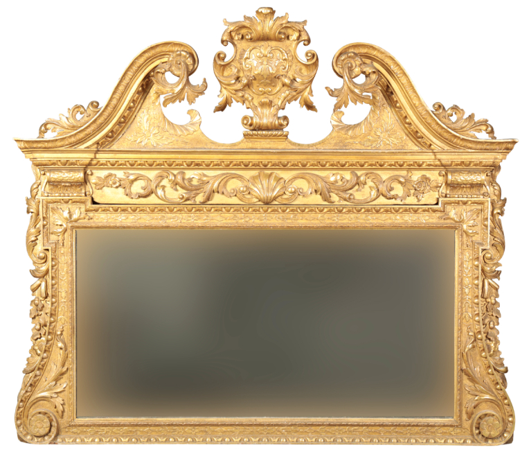 A GEORGE II GILTWOOD OVERMANTLE MIRROR IN THE MANNER OF WILLIAM KENT