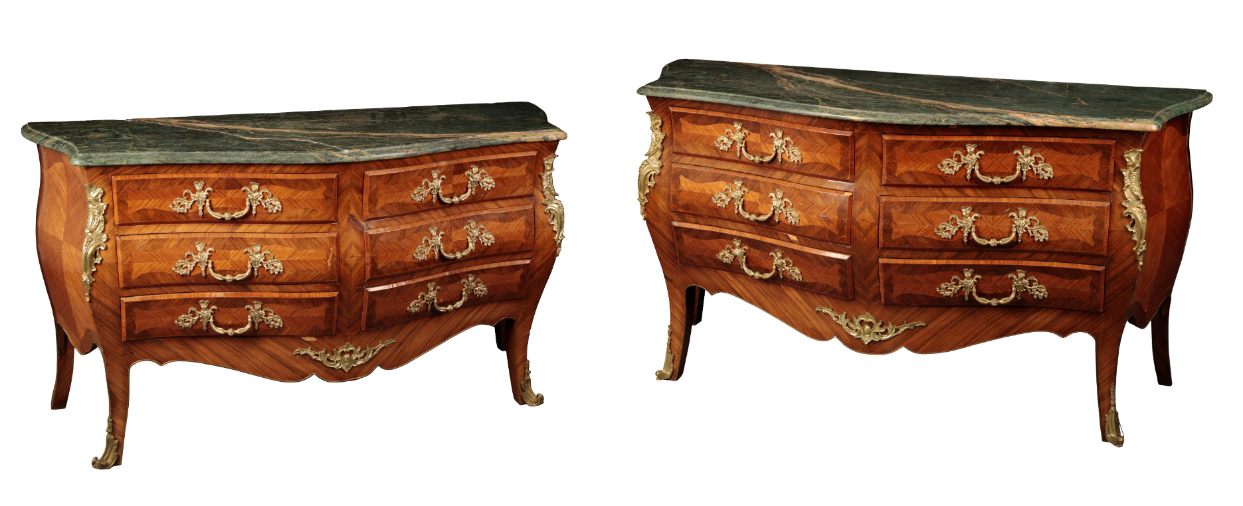 A PAIR OF LOUIS XV STYLE KINGWOOD AND MARBLE TOPPED SERPENTINE COMMODES