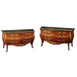 A PAIR OF LOUIS XV STYLE KINGWOOD AND MARBLE TOPPED SERPENTINE COMMODES