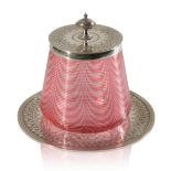 PHILIP ASHBERRY & SONS: A CRANBERRY AND CLEAR GLASS THREADED BARREL WITH SILVER PLATED MOUNTS, COVER