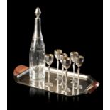 AN ART DECO SILVER PLATE AND GLASS LIQUEUR DRINKS SET ON TRAY