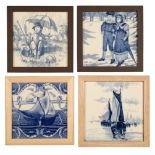 A GROUP OF FOUR FRAMED BLUE AND WHITE TRANSFER PRINTED TILES
