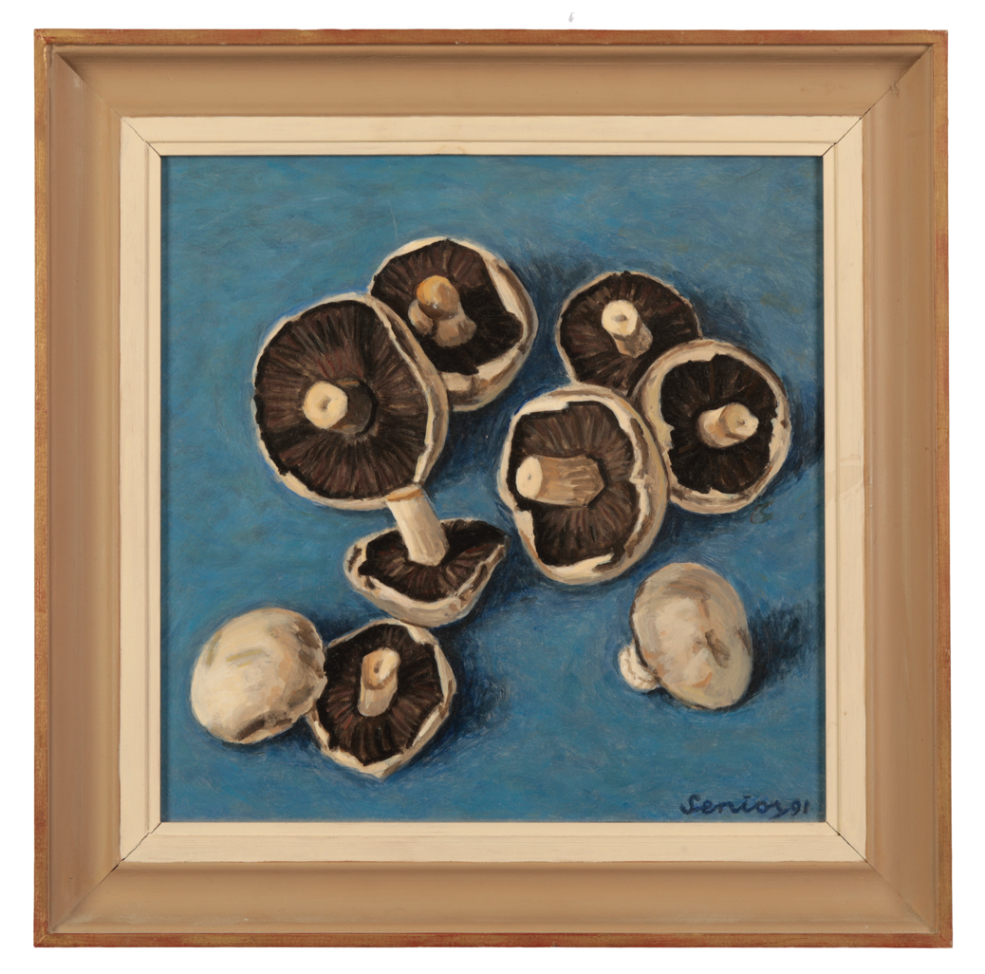 BRYAN SENIOR (B. 1935) 'Mushrooms on a blue ground' - Image 2 of 4