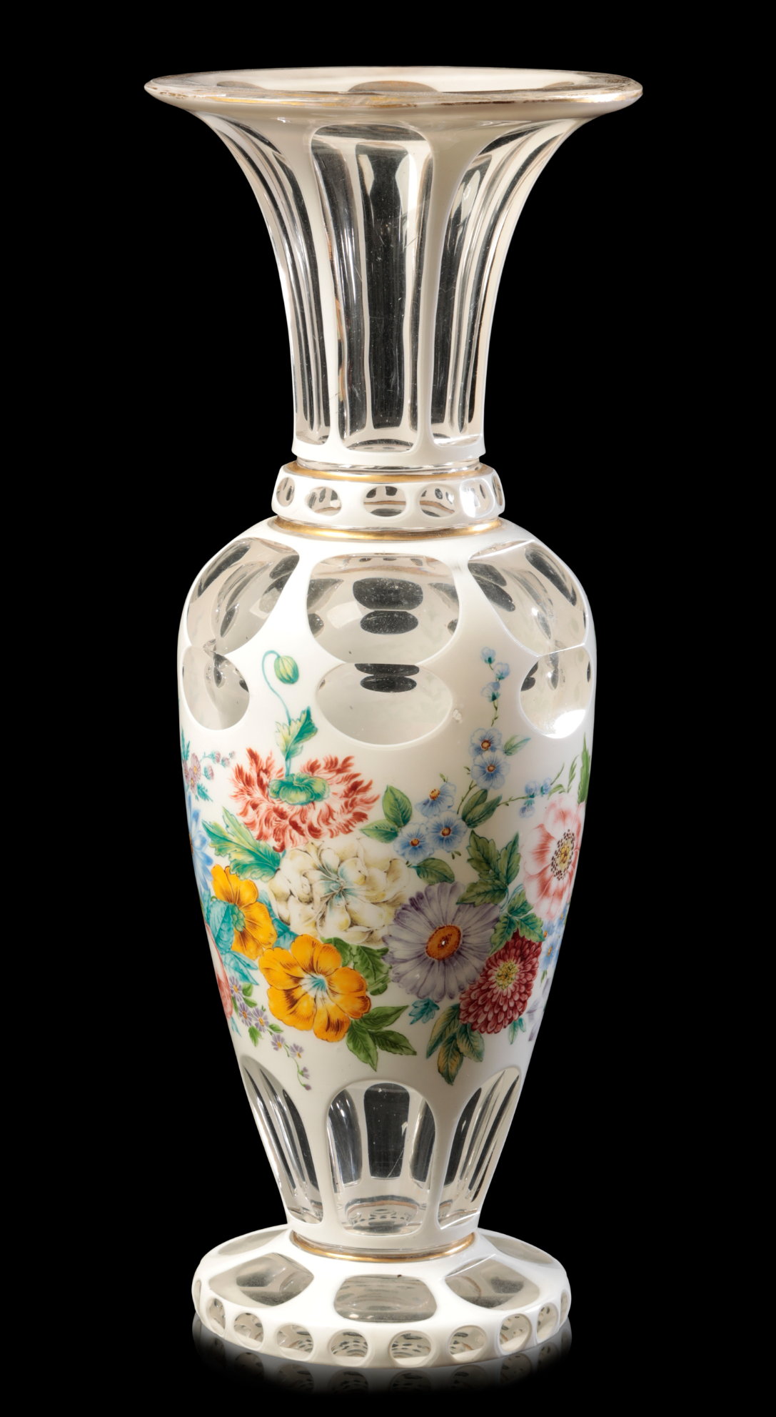 A BOHEMIAN WHITE OVERLAY TO CLEAR GLASS FLORAL DECORATED VASE