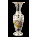 A BOHEMIAN WHITE OVERLAY TO CLEAR GLASS FLORAL DECORATED VASE