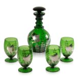 A GREEN GLASS DRINKS SET DECORATED WITH SILVER OVERLAID FISH