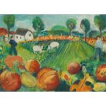 ENGLISH SCHOOL, 20TH CENTURY Figures and sheep in a garden landscape with pumpkins