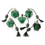 HENRY SCHLEVOGT (1904-1984): A GROUP OF FIVE MALACHITE MOULDED 'INGRID' GLASS PERFUME ATOMISERS