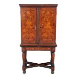 A DUTCH WALNUT AND MARQUETRY COLLECTOR'S CABINET ON STAND