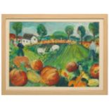 ENGLISH SCHOOL, 20TH CENTURY Figures and sheep in a garden landscape with pumpkins