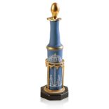 A BLUE OPALINE GLASS SCENT BOTTLE WITH CLASSICAL STYLE STAND