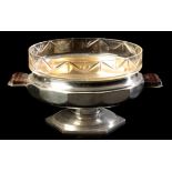 A FRENCH ART DECO CRYSTAL BOWL IN PLATED METAL STAND