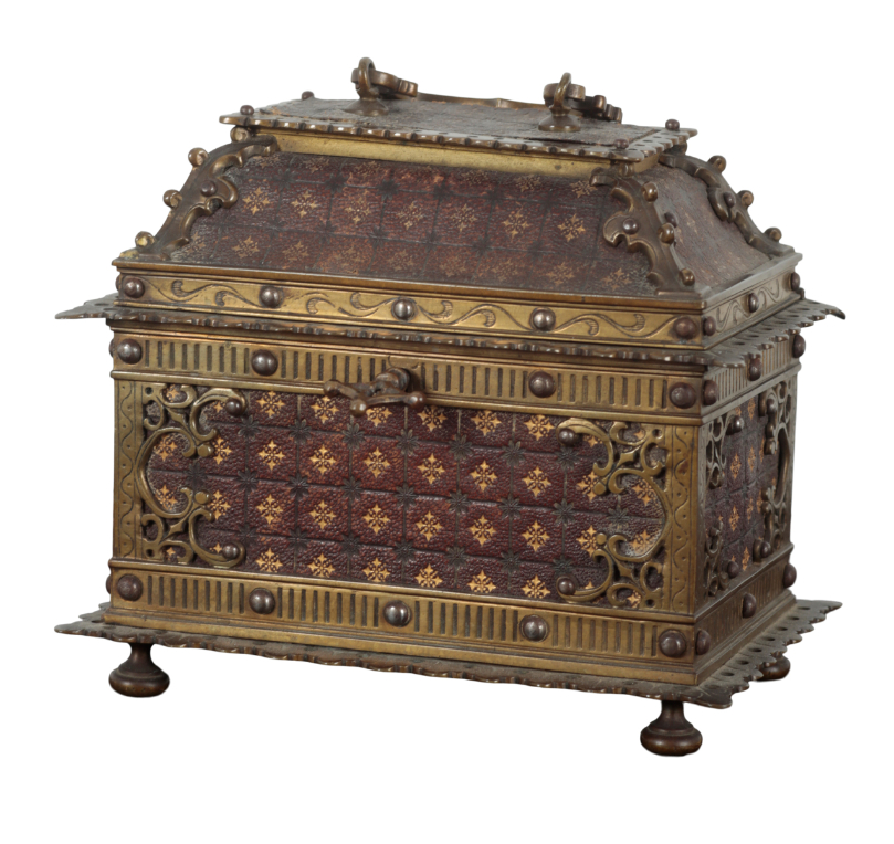 A 19TH CENTURY BRONZE AND EMBOSSED MAROON LEATHER JEWELLERY CASKET