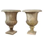 A LARGE PAIR OF WHITE MARBLE GARDEN URNS OF CAMPANA FORM