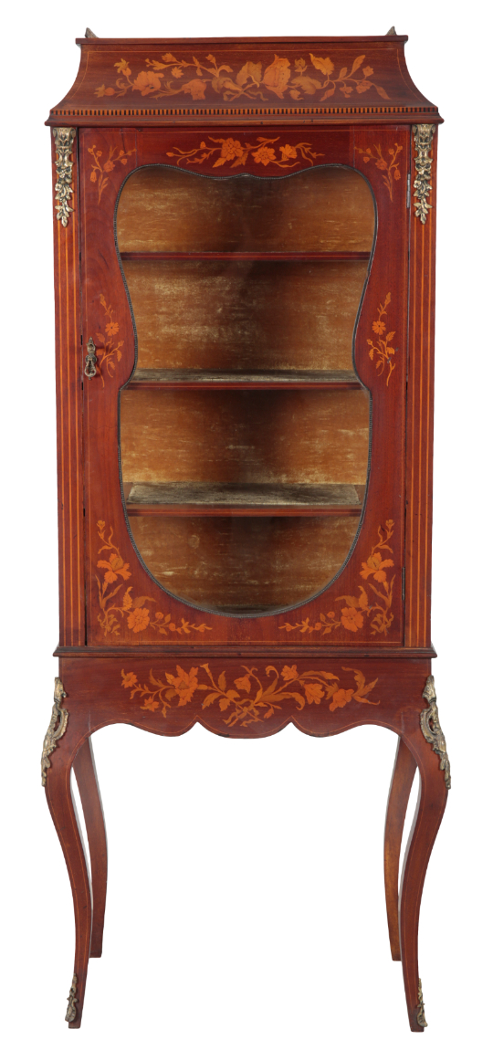 A LOUIS XV STYLE MAHOGANY AND MARQUETRY VITRINE